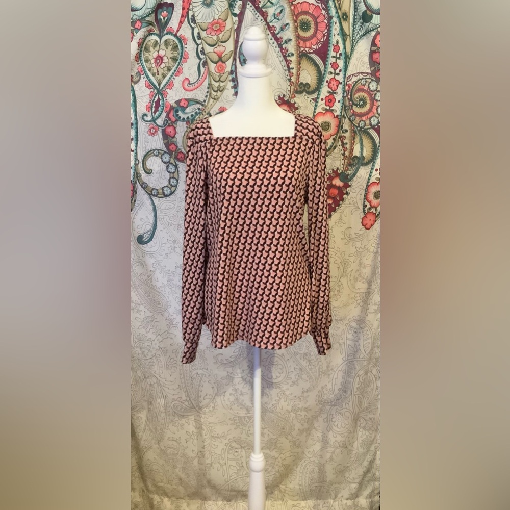 Adrianna Papell Black and Pink Geometric Top Long Sleeve Square Neck size M